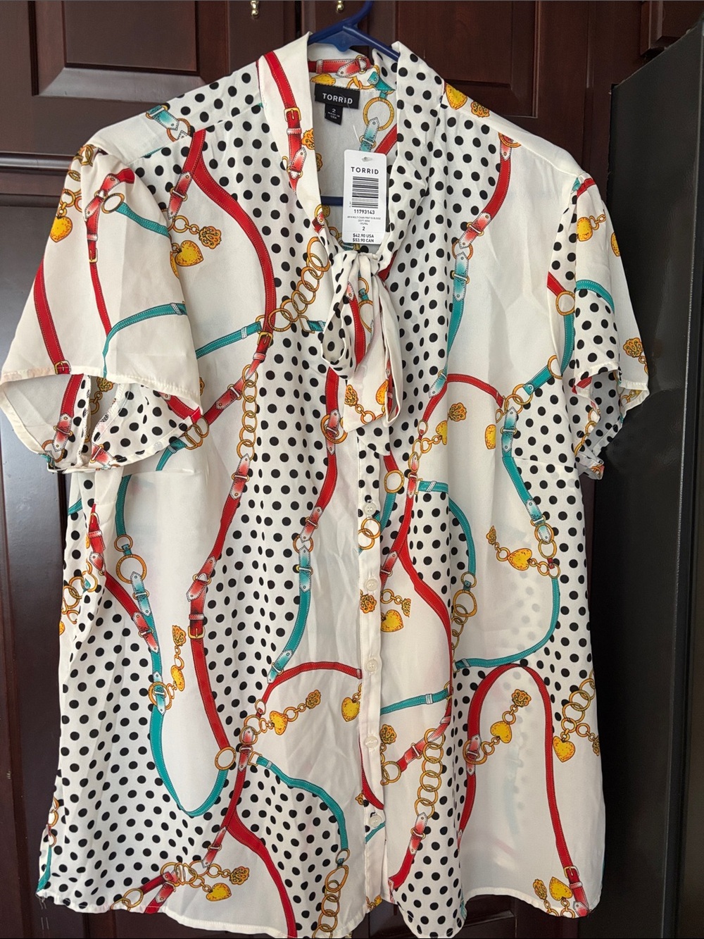 torrid White Polka Dot Blouse with Red, Teal & Gold Chain Print